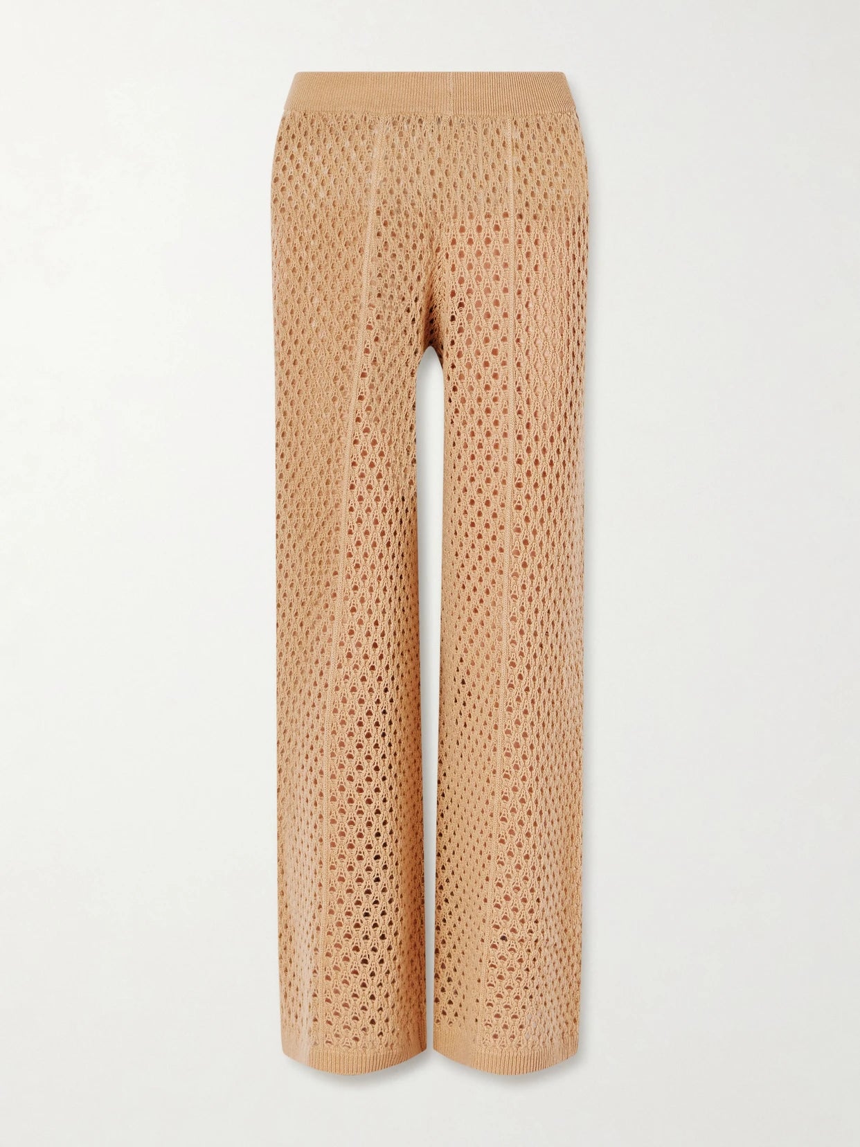 Image of a model wearing Pants. Product name - Crochet-knit Wool And Cashmere-blend Wide-leg Pants in Camel colour by brand - Allude