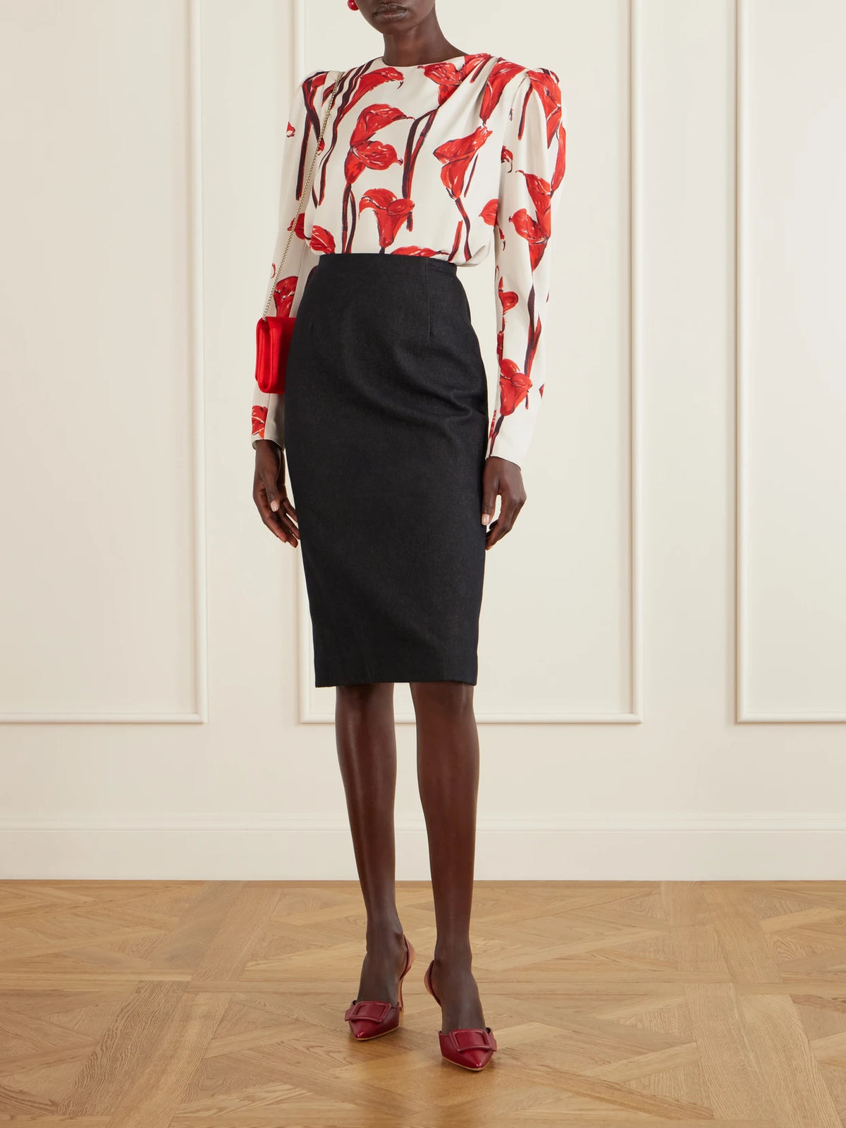 Image of Outfit Sets. Product name - Floral-print Cady Blouse in Red colour by brand - Carolina Herrera
