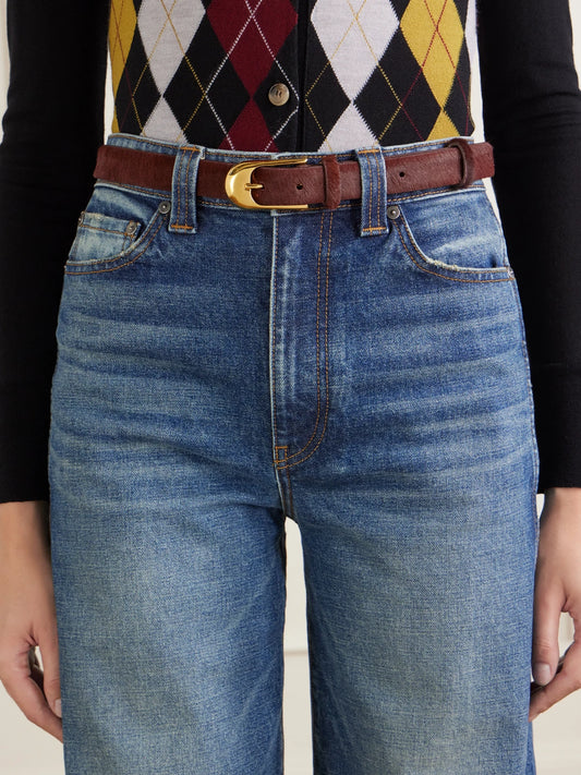 Image of Belts. Product name - Dome Calf Hair Belt in Burgundy, Chartreuse colour by brand - KHAITE