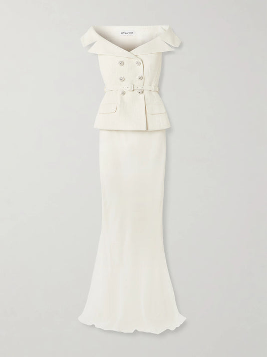 Image of Dresses. Product name - Off-the-shoulder Belted Metallic Bouclé And Crepe Maxi Dress in Cream colour by brand - Self-Portrait