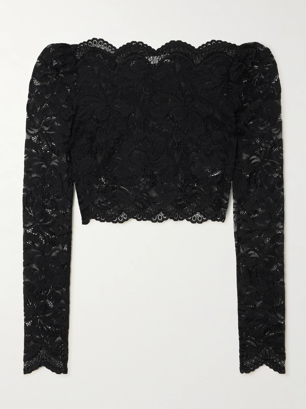 Image of a model wearing Tops. Product name - Cropped Scalloped Stretch-lace Top in Black colour by brand - RABANNE