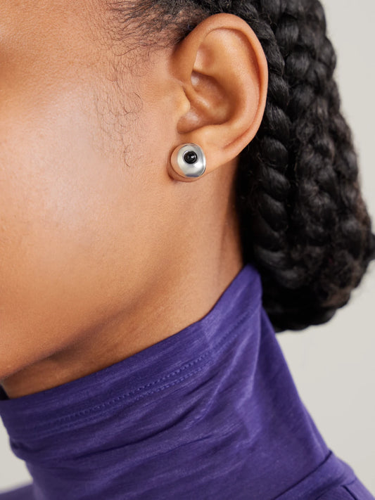 Image of Earrings. Product name - Large Doughnut Recycled Sterling Silver Onyx Earrings in Multi colour by brand - AGMES