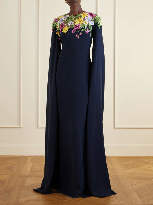 Image of Dresses. Product name - Cape-effect Floral-embroidered Silk-blend Georgette Gown in Navy colour by brand - Oscar de la Renta