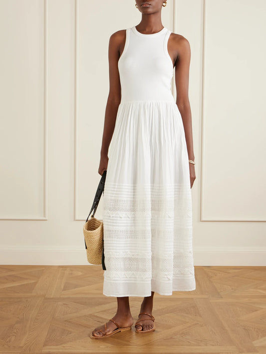 Image of Dresses. Product name - Crochet-trimmed Ribbed Cotton-blend Maxi Dress in White colour by brand - Polo Ralph Lauren