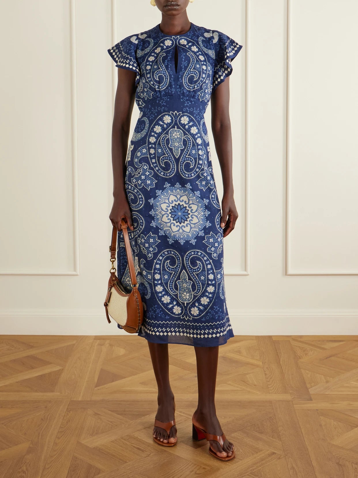 Image of Dresses. Product name - Emelina Paisley-printed Ramie Midi Dress in Navy colour by brand - Sea