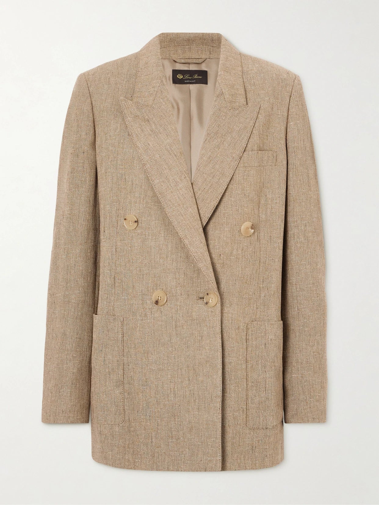 Image of a model wearing Outerwear. Product name - Double-breasted Linen Blazer in Brown colour by brand - Loro Piana