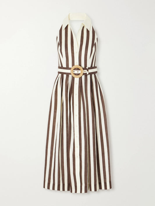 Image of Dresses. Product name - Quentin Belted Pleated Striped Cotton-poplin Halterneck Midi Dress in Brown colour by brand - Cara Cara