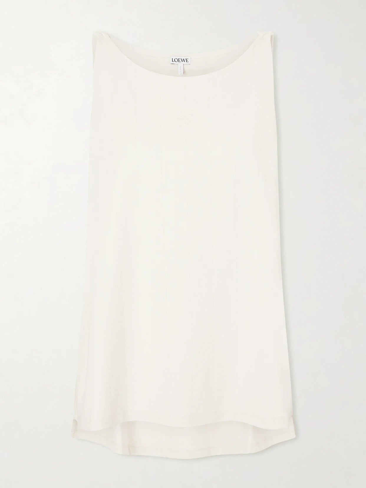 Image of a model wearing Tops. Product name - Anagram Embroidered Ribbed-knit Tank Top in Cream colour by brand - LOEWE