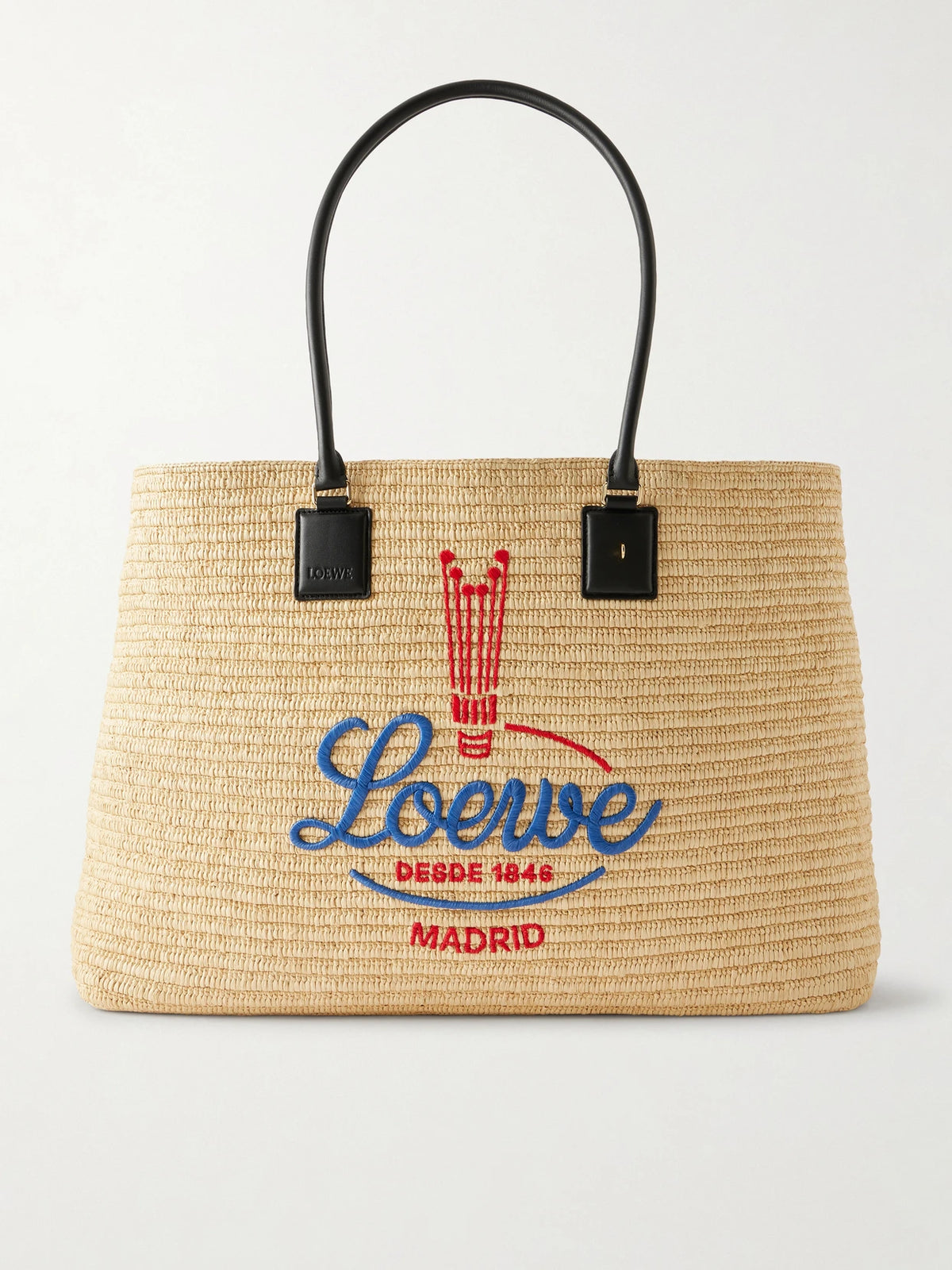 Verano Embroidered Leather-trimmed Raffia Tote