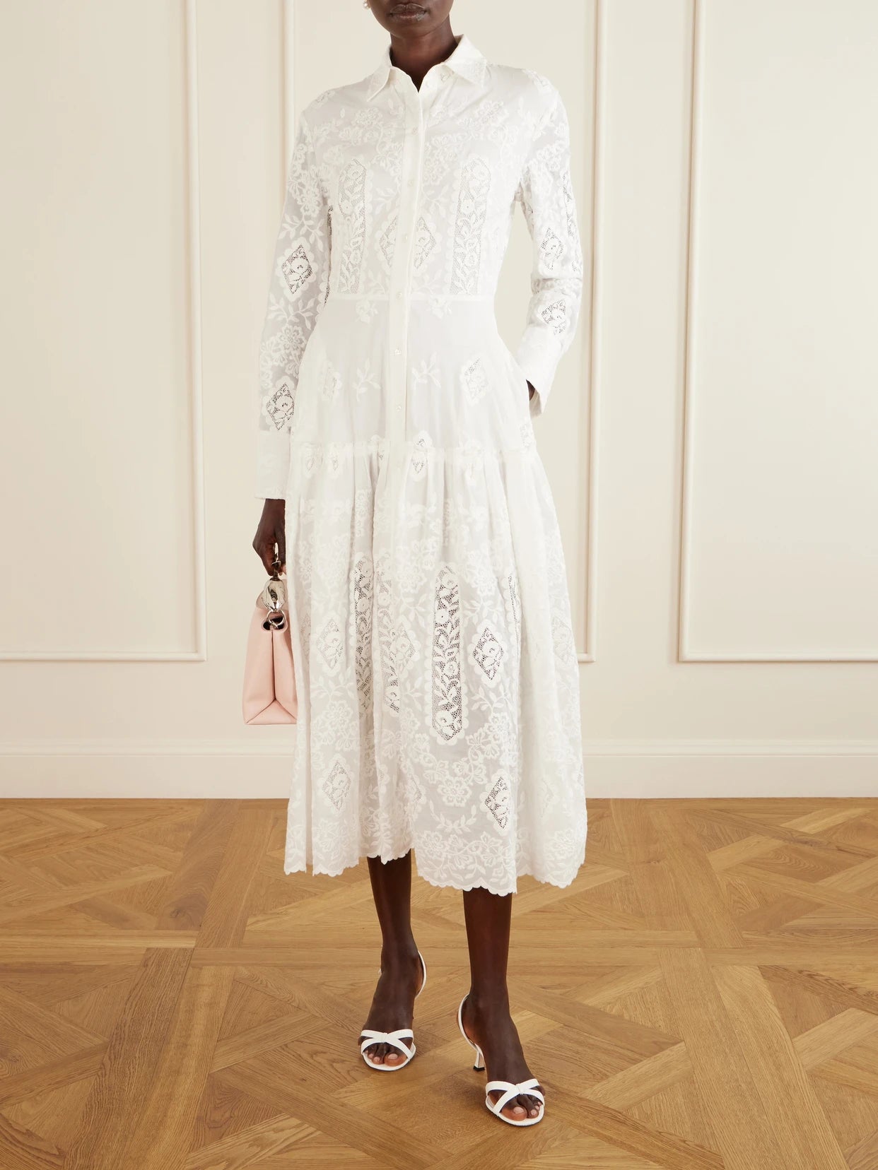 Image of Dresses. Product name - Embroidered Cotton-voile Midi Dress in White colour by brand - Erdem