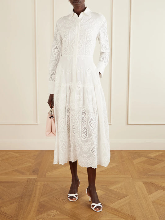 Image of Dresses. Product name - Embroidered Cotton-voile Midi Dress in White colour by brand - Erdem