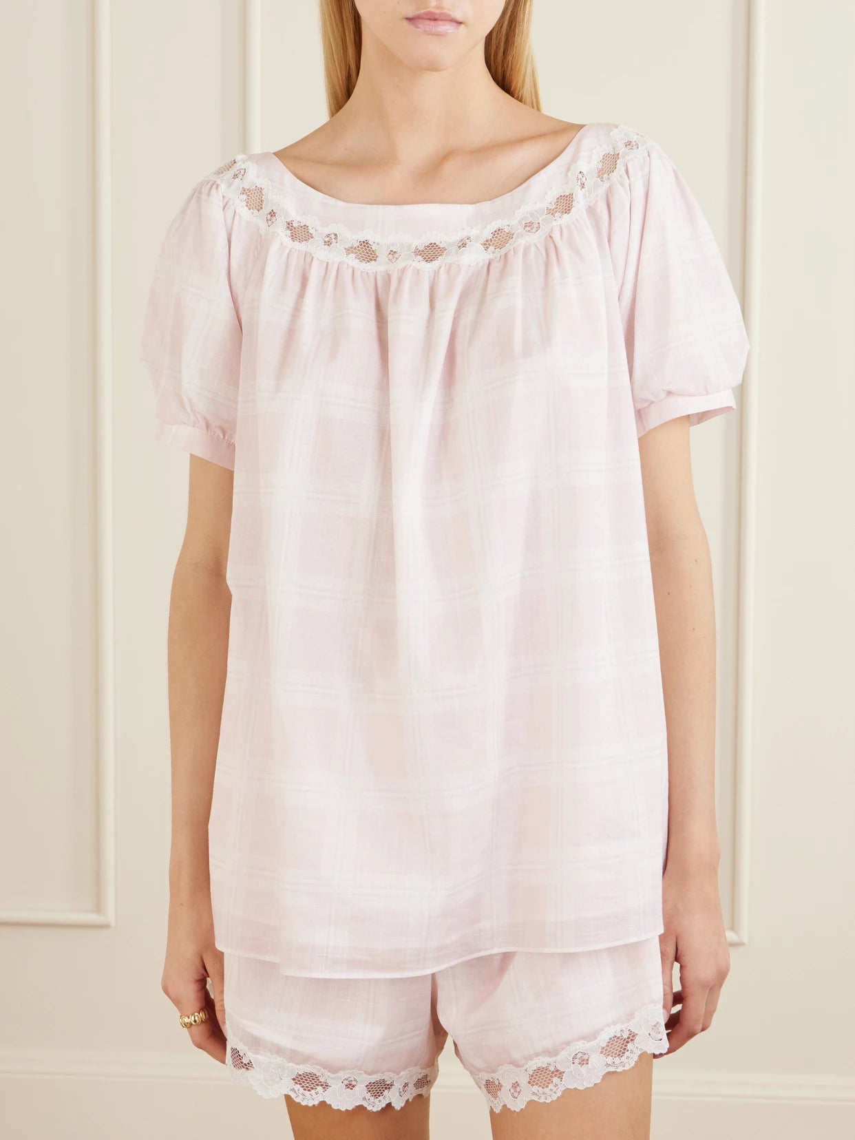 Marilyn Lace-trimmed Checked Cotton Blouse