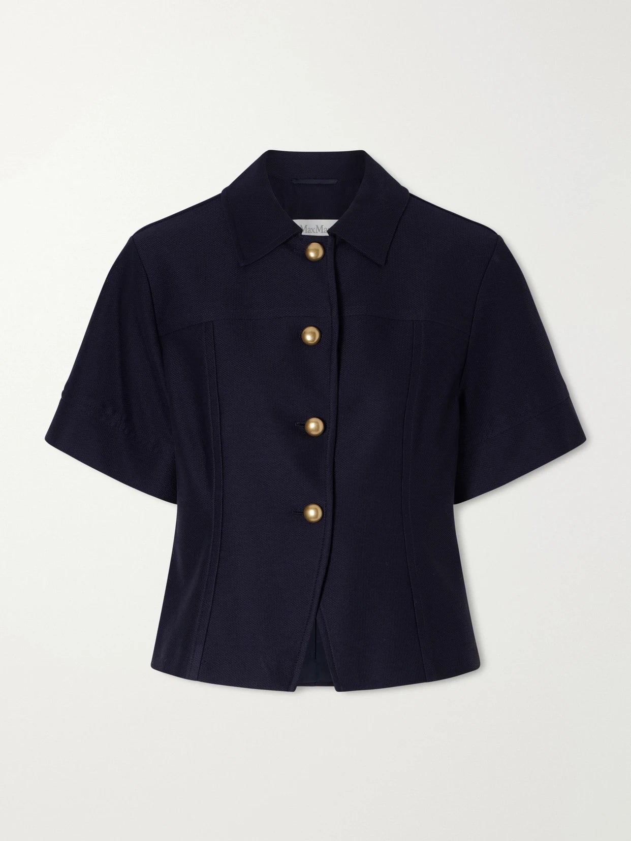 Image of a model wearing Tops. Product name - Paneled Cotton-piqué Shirt in Navy colour by brand - Max Mara