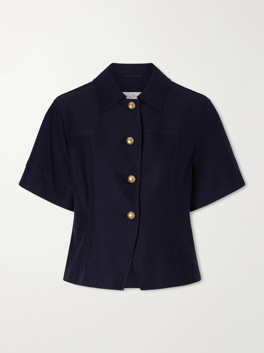 Image of a model wearing Tops. Product name - Paneled Cotton-piqué Shirt in Navy colour by brand - Max Mara