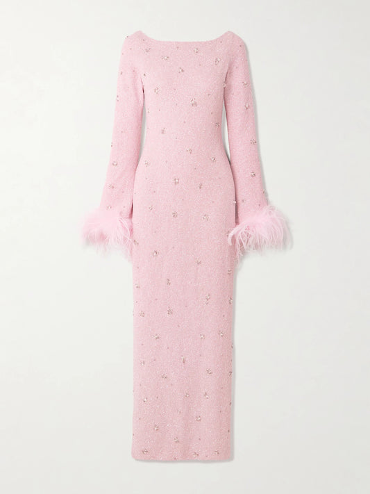 Image of Dresses. Product name - Mae Feather-trimmed Embellished Stretch-mesh Gown in Pink colour by brand - Clio Peppiatt