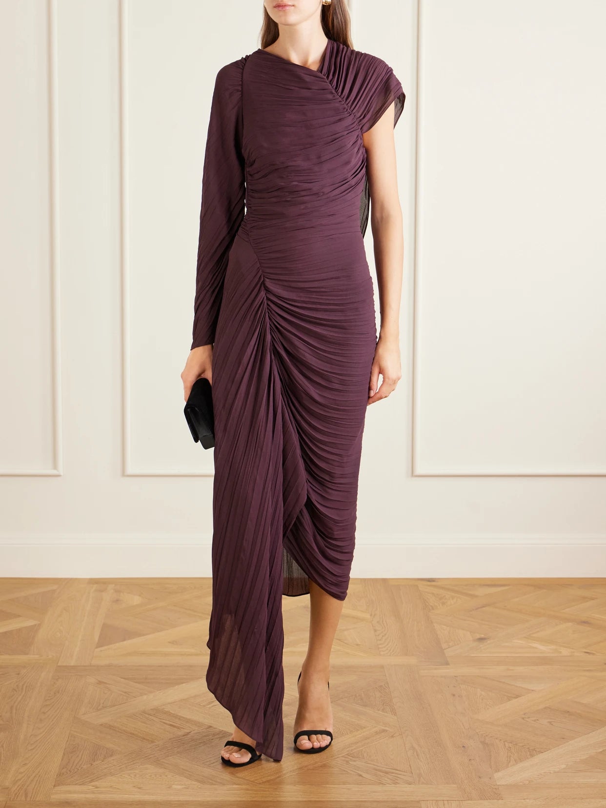Image of Dresses. Product name - Off-the-shoulder Plissé Midi Dress in Burgundy colour by brand - Victoria Beckham