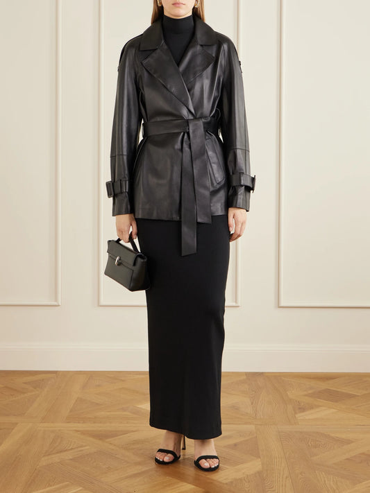 Image of Coats & Jackets. Product name - Nera Belted Leather Jacket in Black colour by brand - Nour Hammour