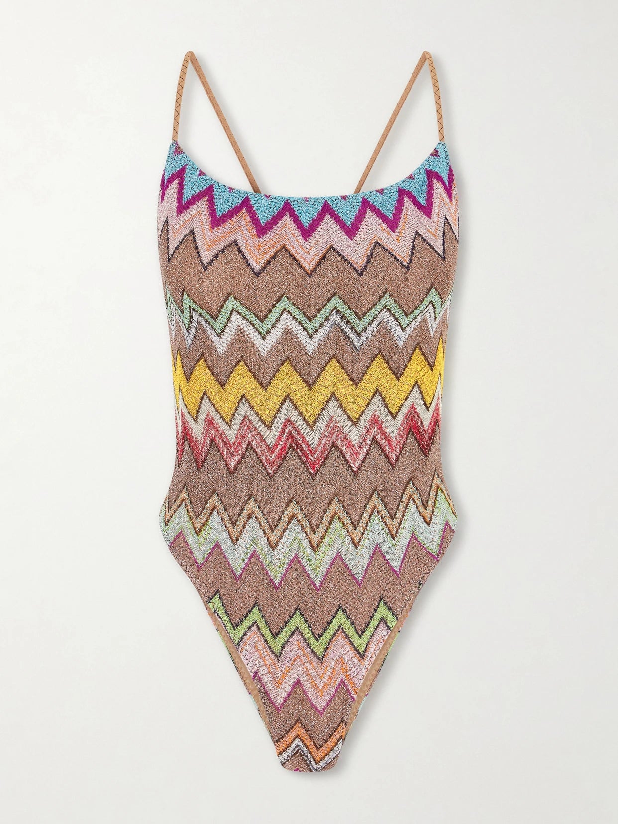 Image of Swimwear. Product name - Mare Striped Metallic Crochet-knit Swimsuit in Multi colour by brand - Missoni