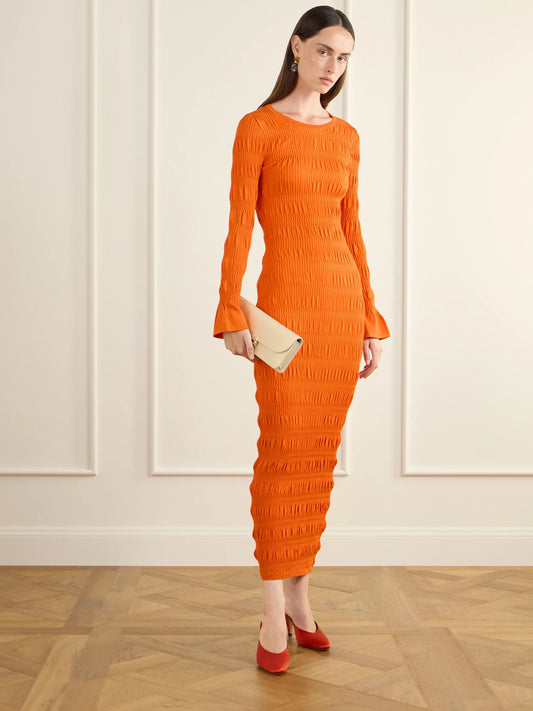 Image of Dresses. Product name - Giselle Gathered Stretch Midi Dress in Orange colour by brand - TOVE