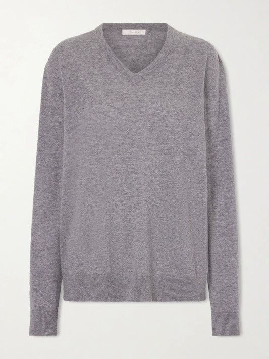 Image of a model wearing Outerwear. Product name - Nian Cashmere Sweater in Gray colour by brand - The Row