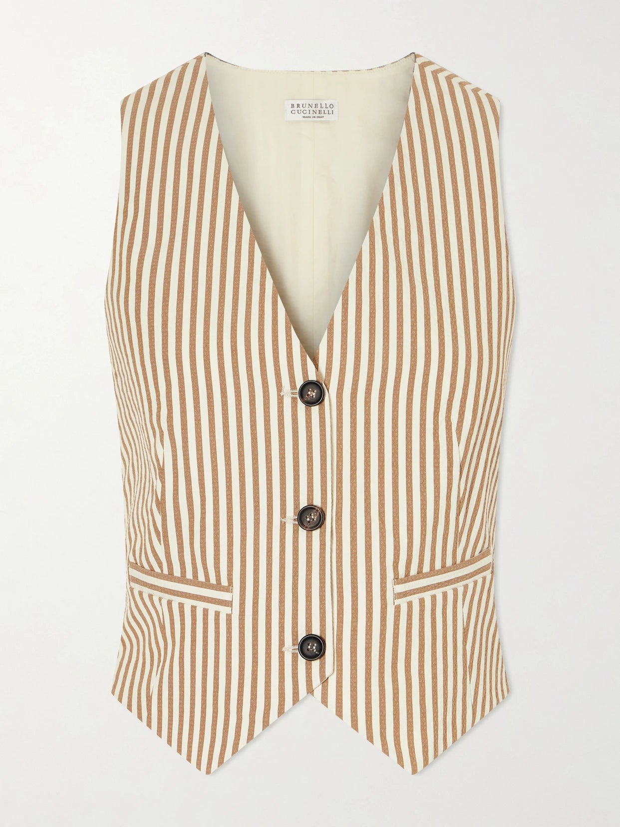 Image of Coats & Jackets. Product name - Striped Cotton-blend Seersucker Vest in Beige colour by brand - Brunello Cucinelli