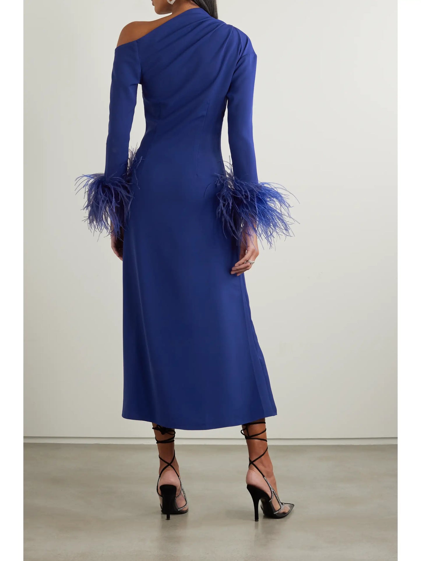Adelaide One-shoulder Feather-trimmed Crepe Midi Dress