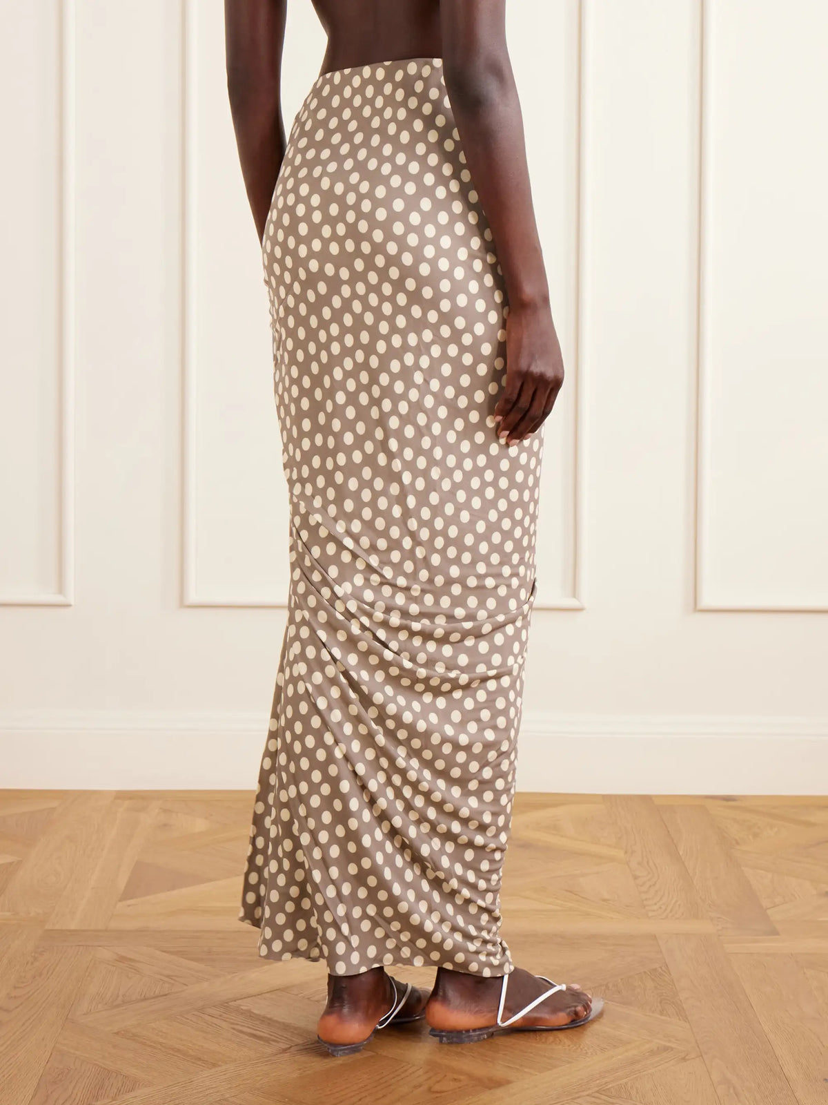 Gathered Polka-dot Jersey Midi Skirt