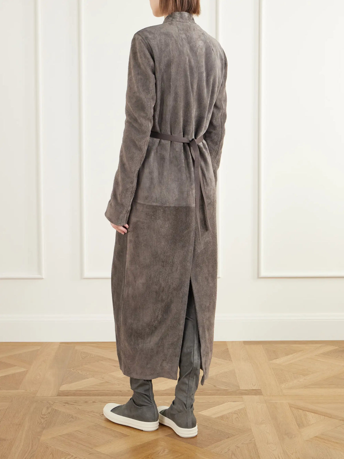 Rick Owens Belted Paneled Suede Wrap Coat
