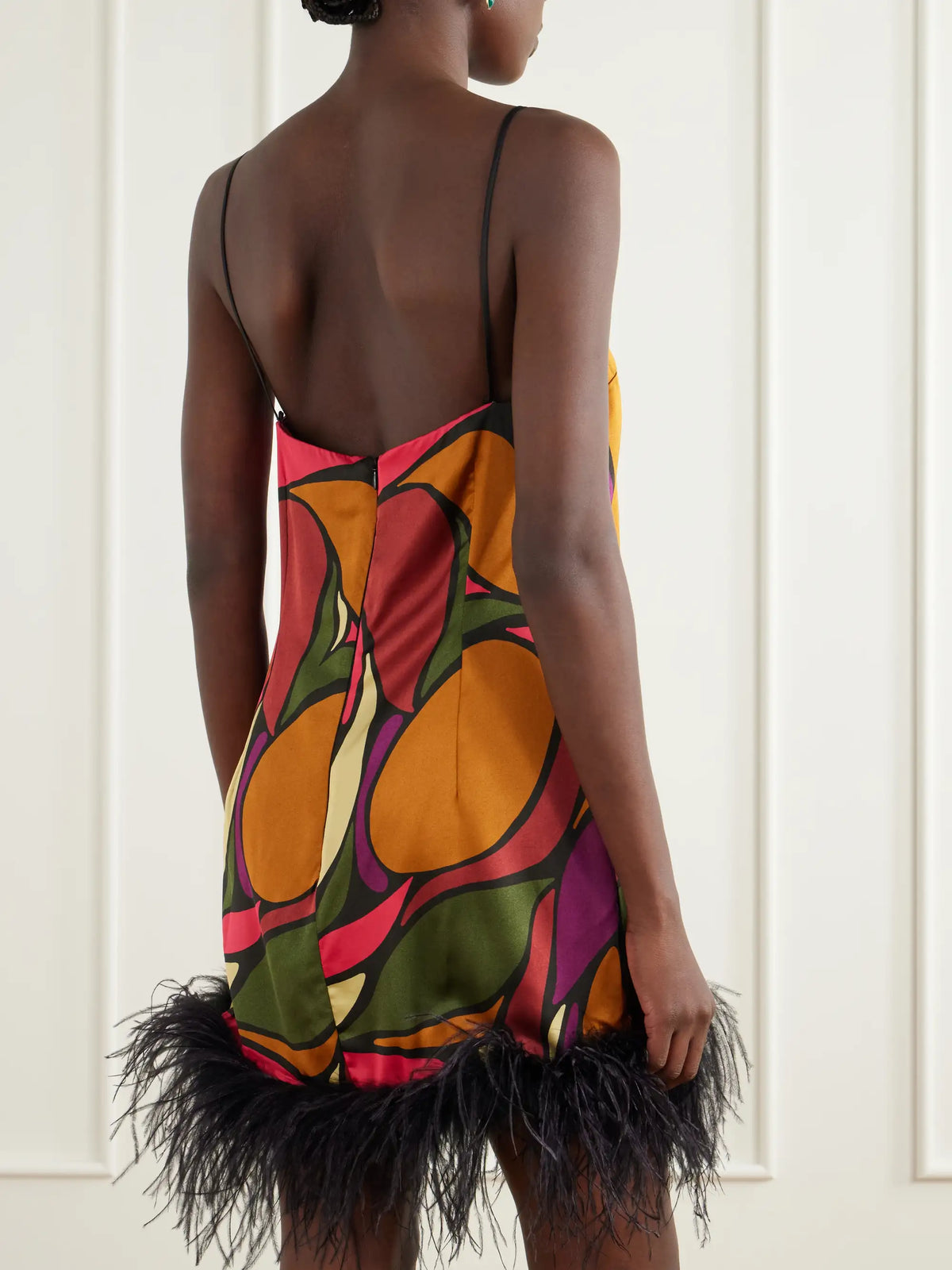 Cala de la Cruz Feather-embellished Printed Satin Mini Dress