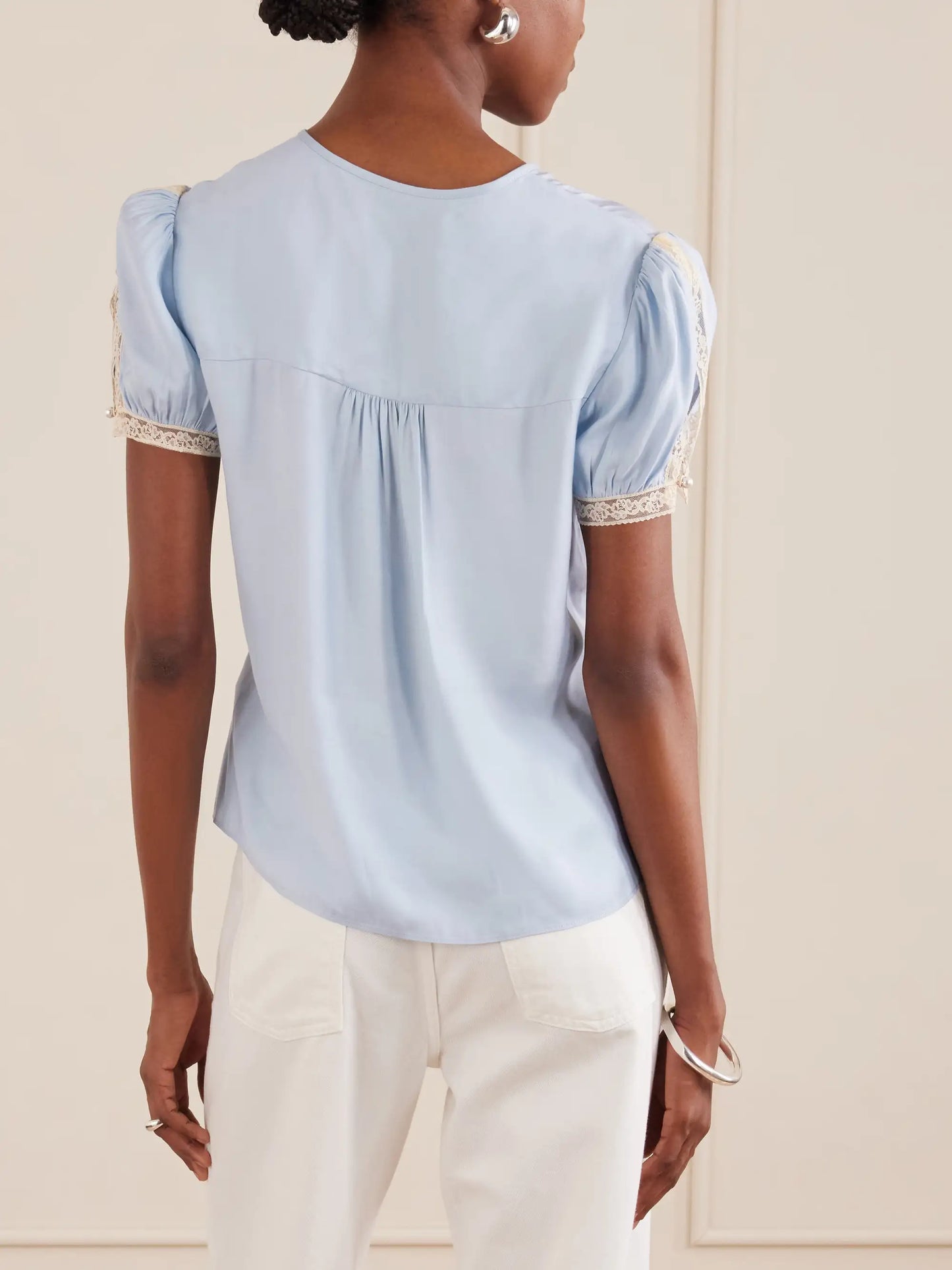 Ruffled Lace-trimmed Satin Blouse
