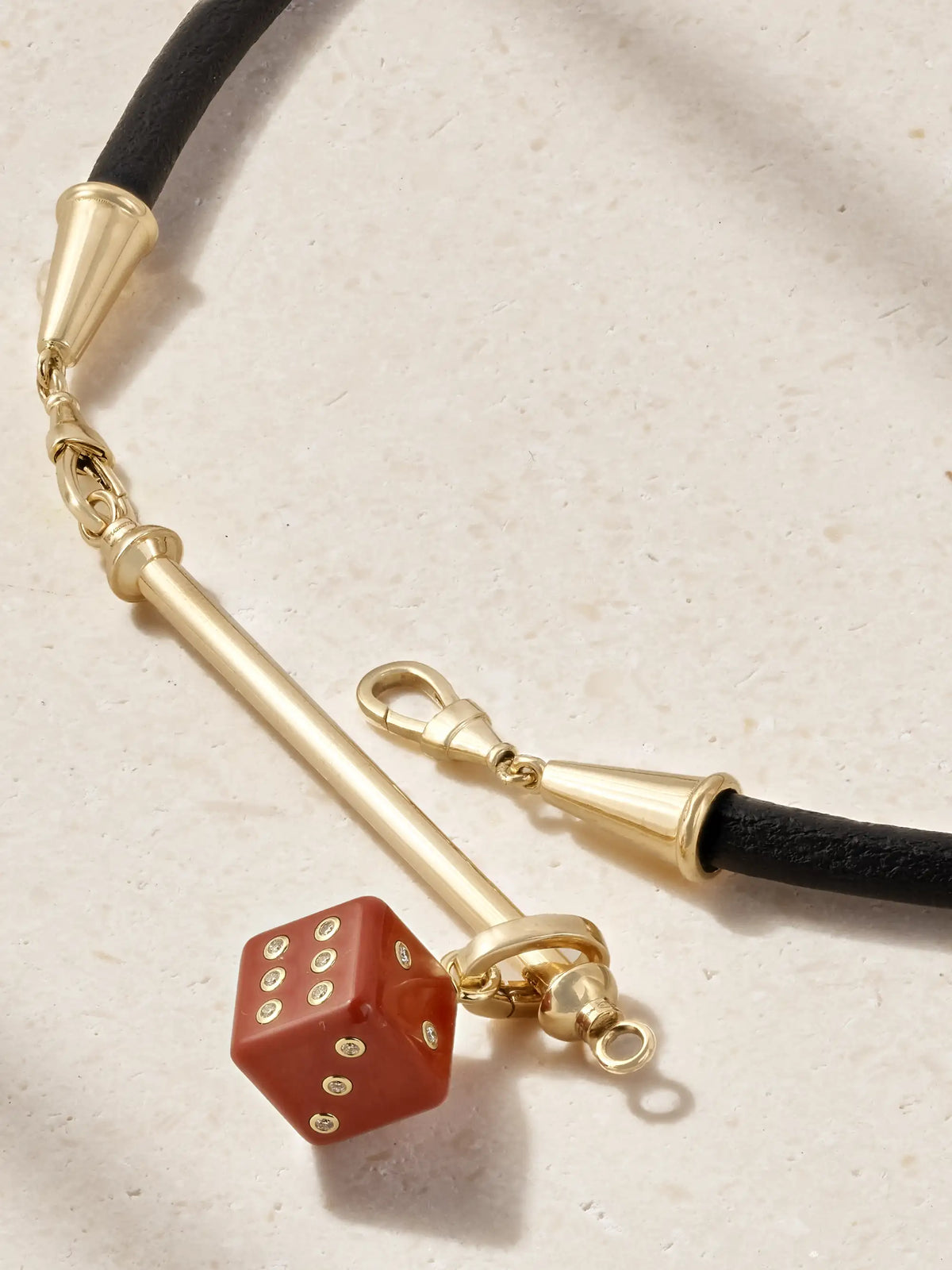 Lasso, Jasper Dado And Bonne Chance Jumbo 18-karat Gold, Ebony And Diamond Leather Necklace
