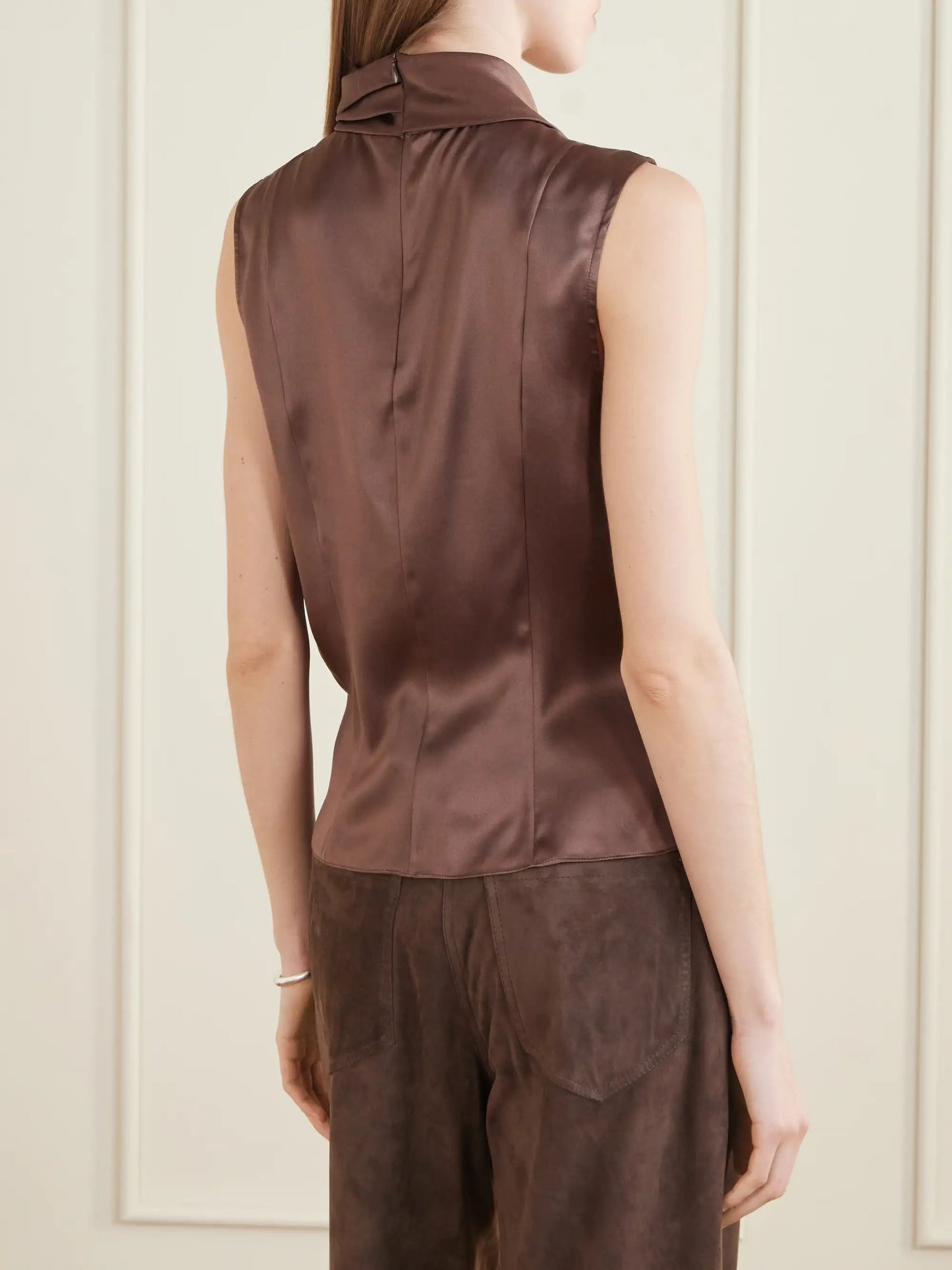 Wrap-effect Sleeveless Draped Silk-blend Satin Blouse