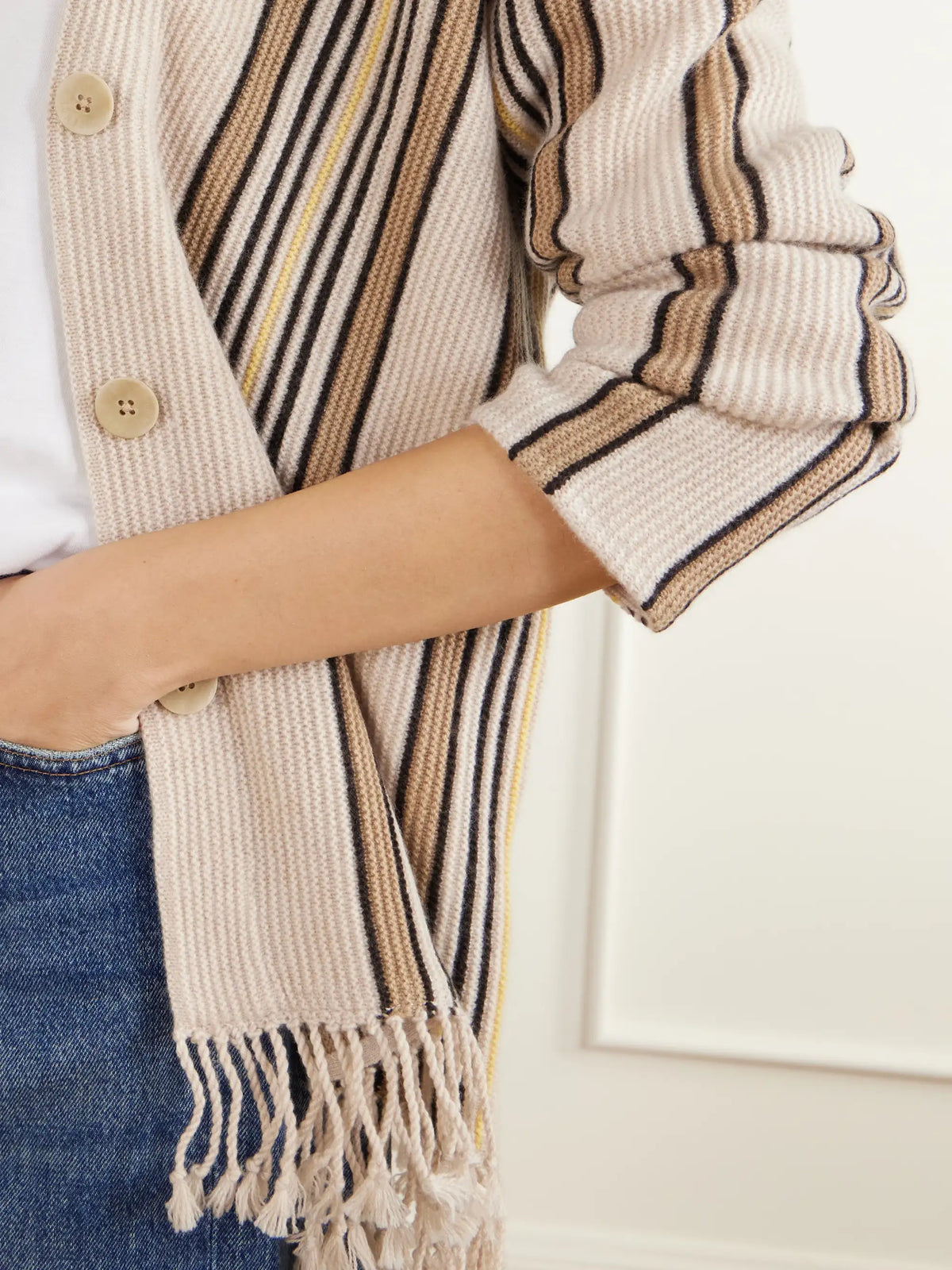 Guest In Residence Handloom Fringed Striped Wool And Cashmere-blend Cardigan