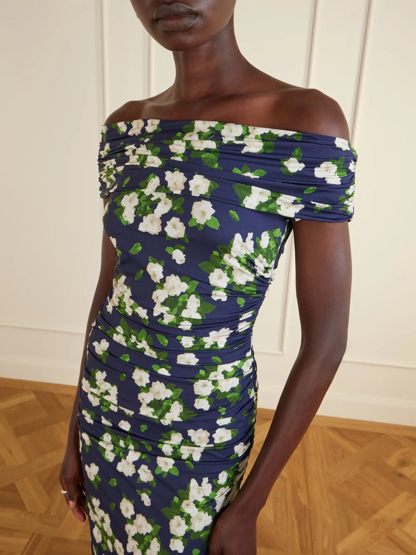 Floral-print Gathered Satin Midi Dress