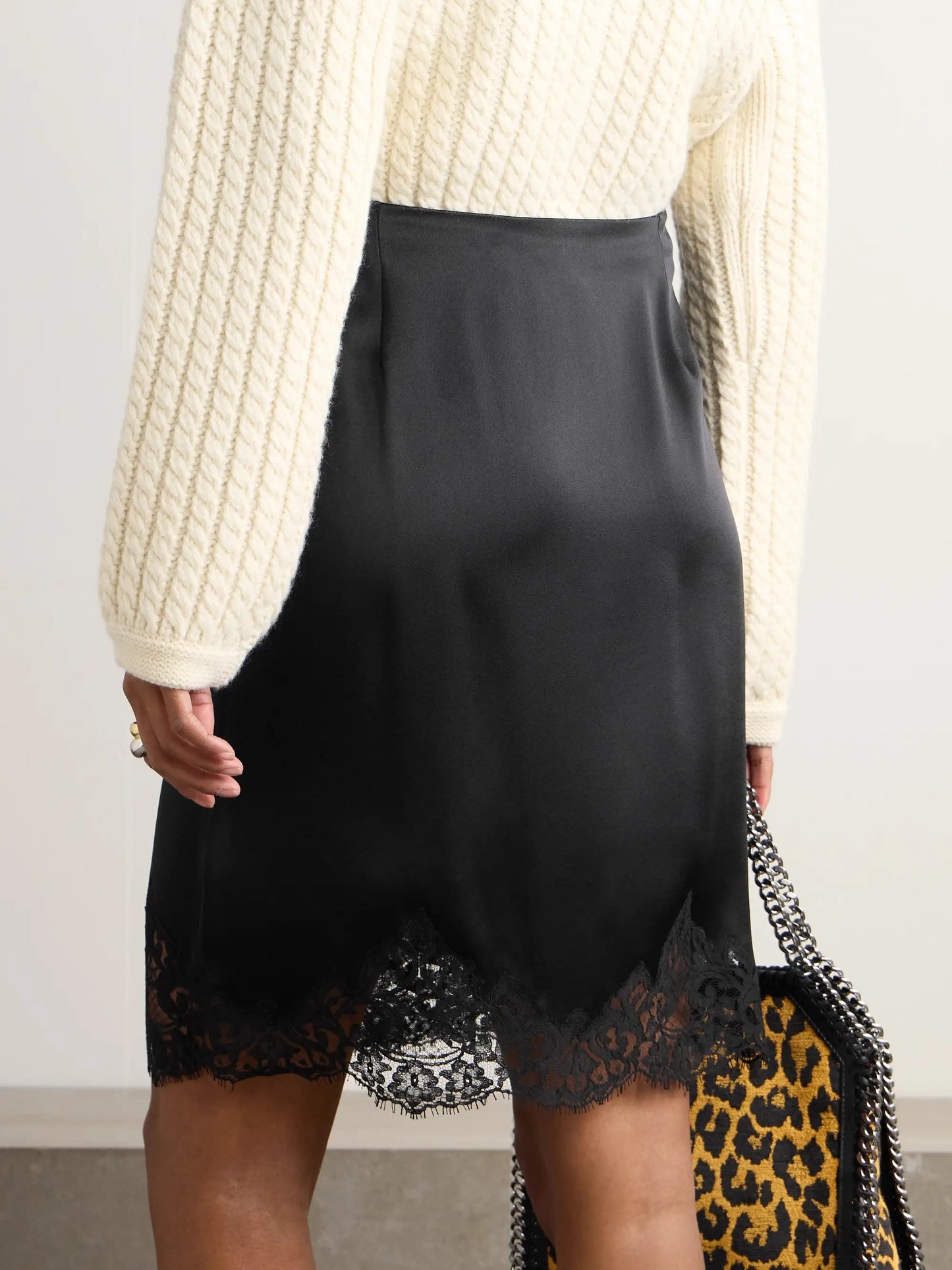 Wrap-effect Lace-trimmed Satin Skirt