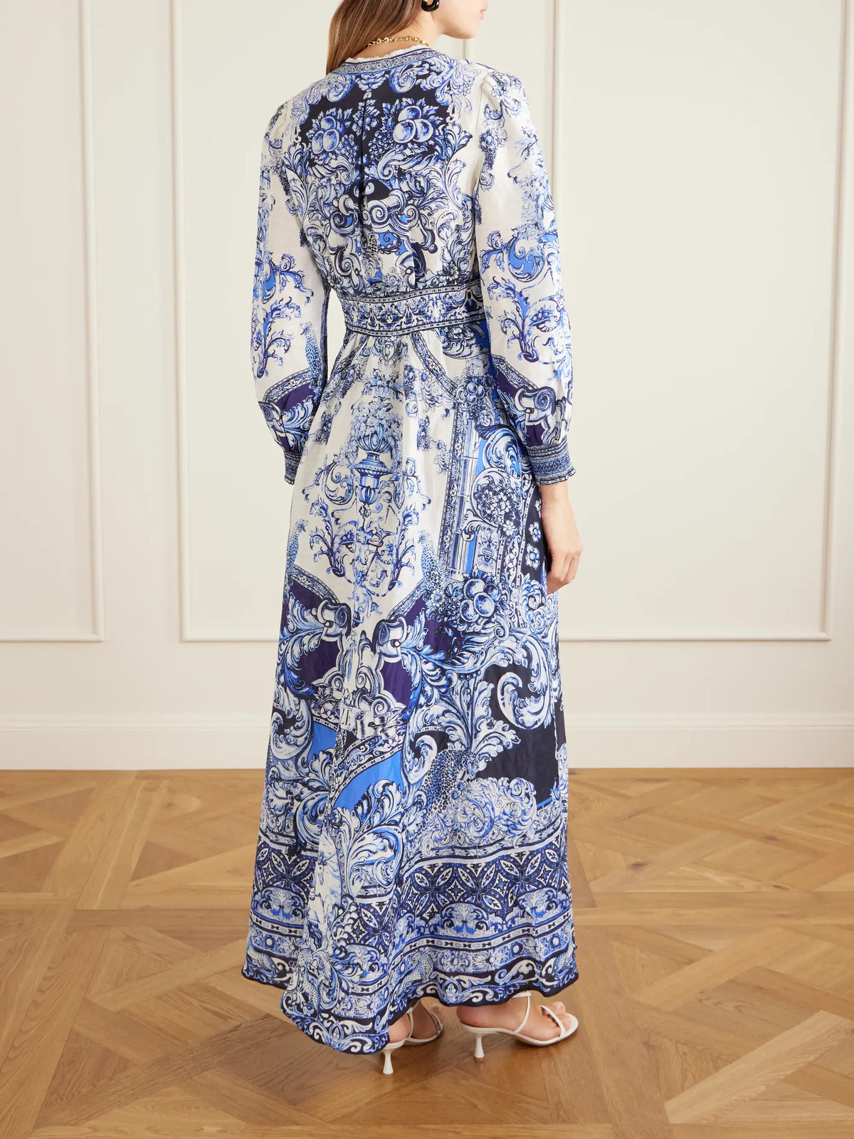 Crystal-embellished Printed Linen And Silk-blend Maxi Dress