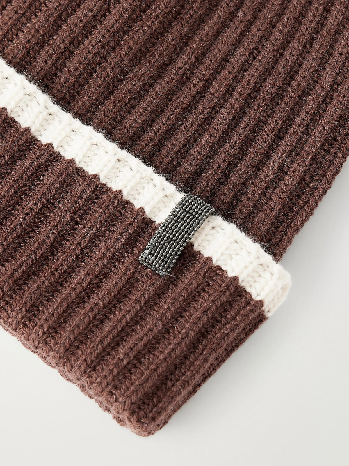 Embellished Striped Ribbed Cashmere Beanie