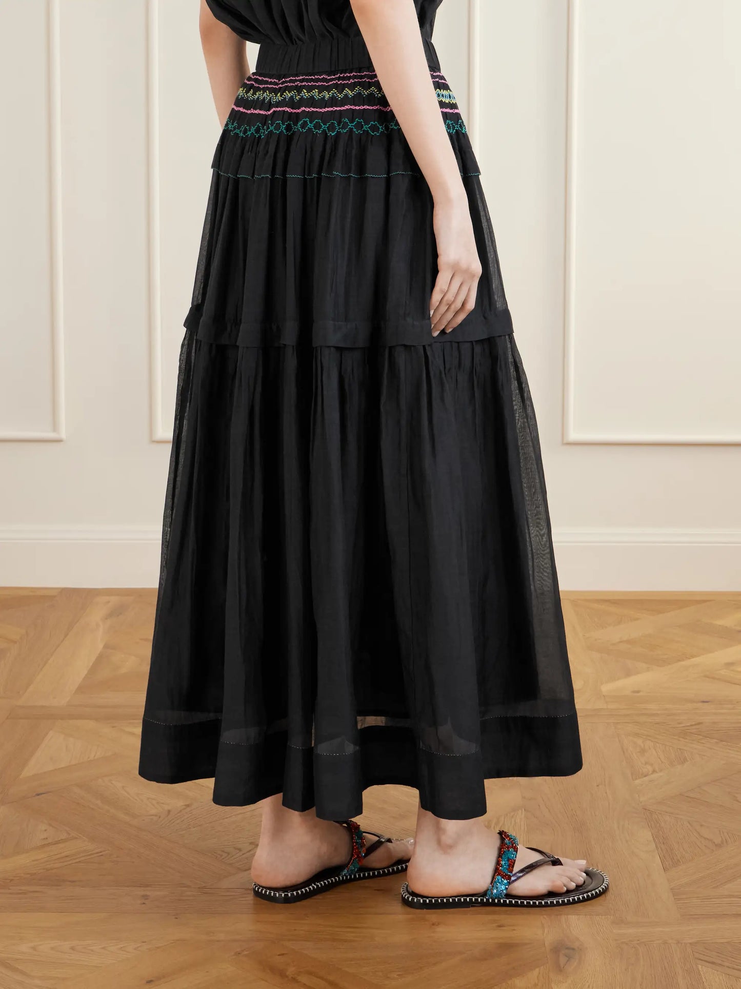 Munro Gathered Tiered Smocked Cotton And Silk-blend Voile Midi Skirt