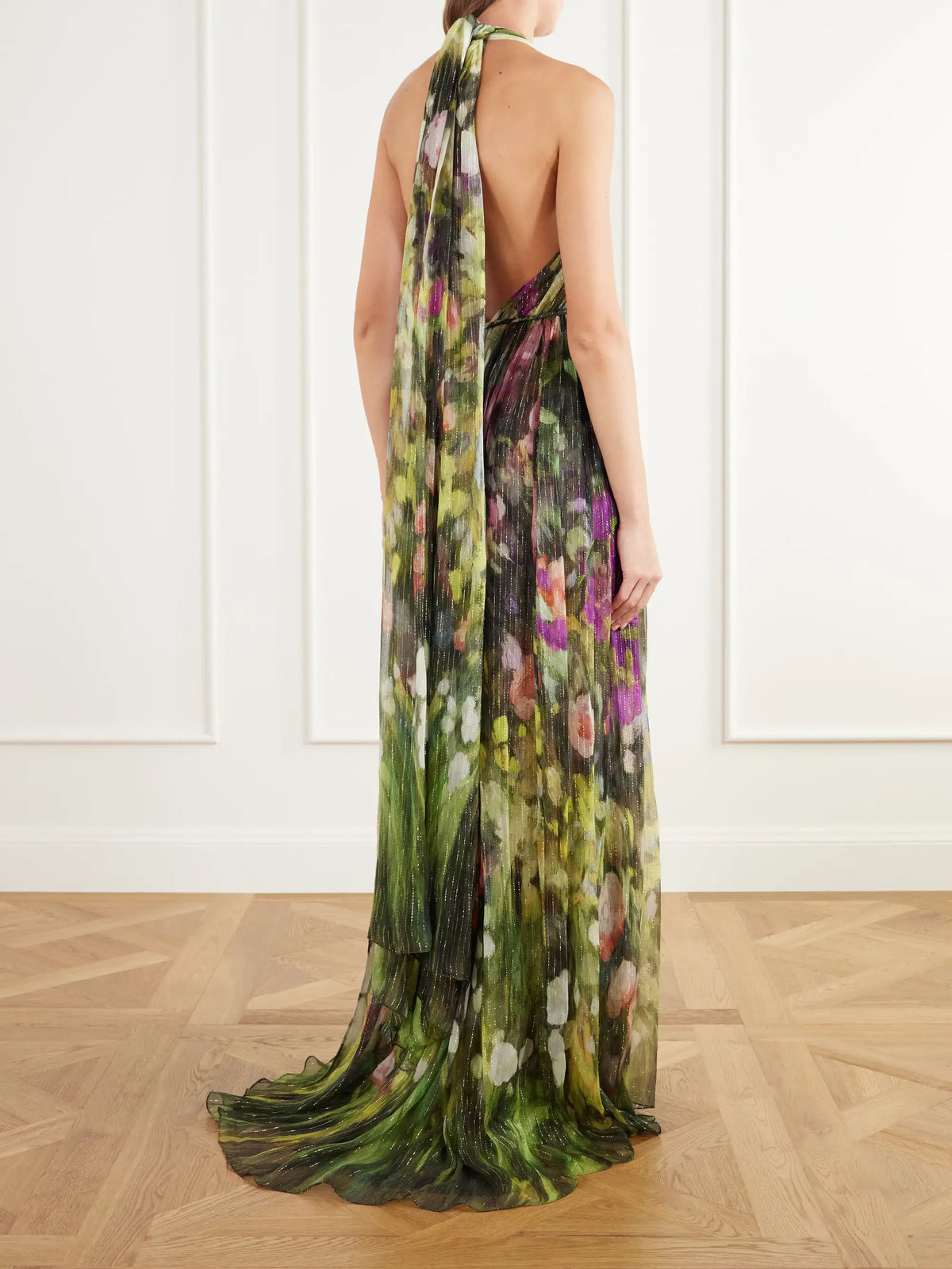 Oscar de la Renta Belted Tie-detailed Floral-print Silk-blend Chiffon Halterneck Gown