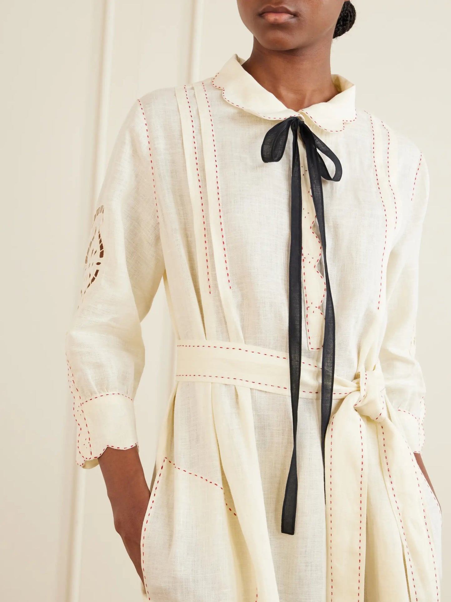 Samarkand Broderie Anglaise-trimmed Belted Linen Midi Dress