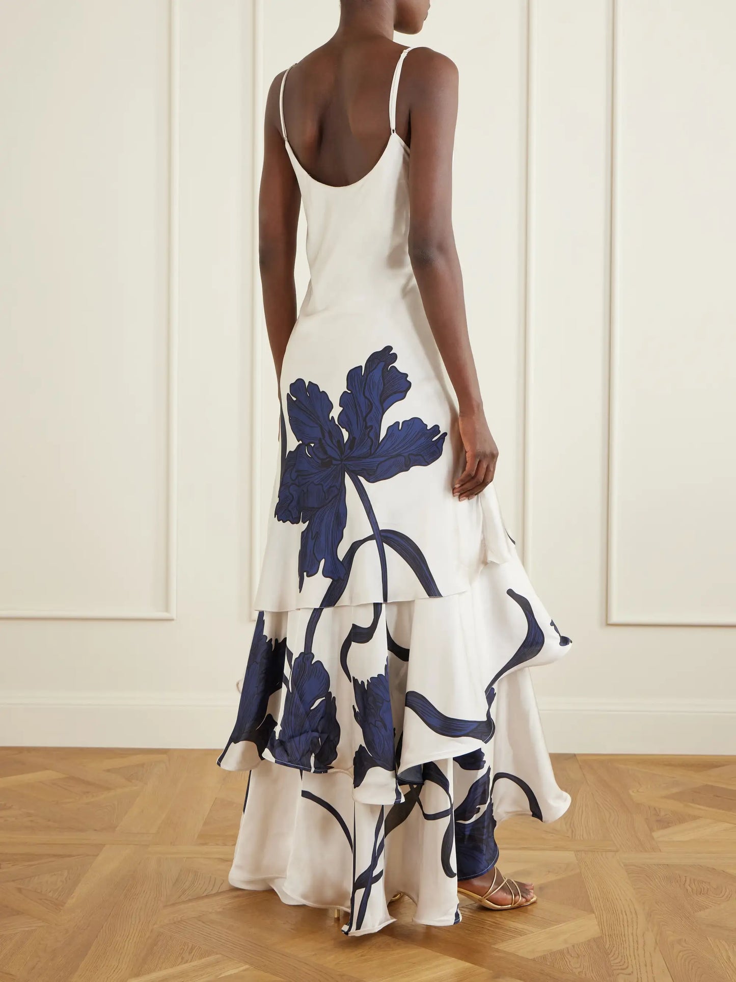 Inoportuna Printed Ruched Ruffled Satin Maxi Dress
