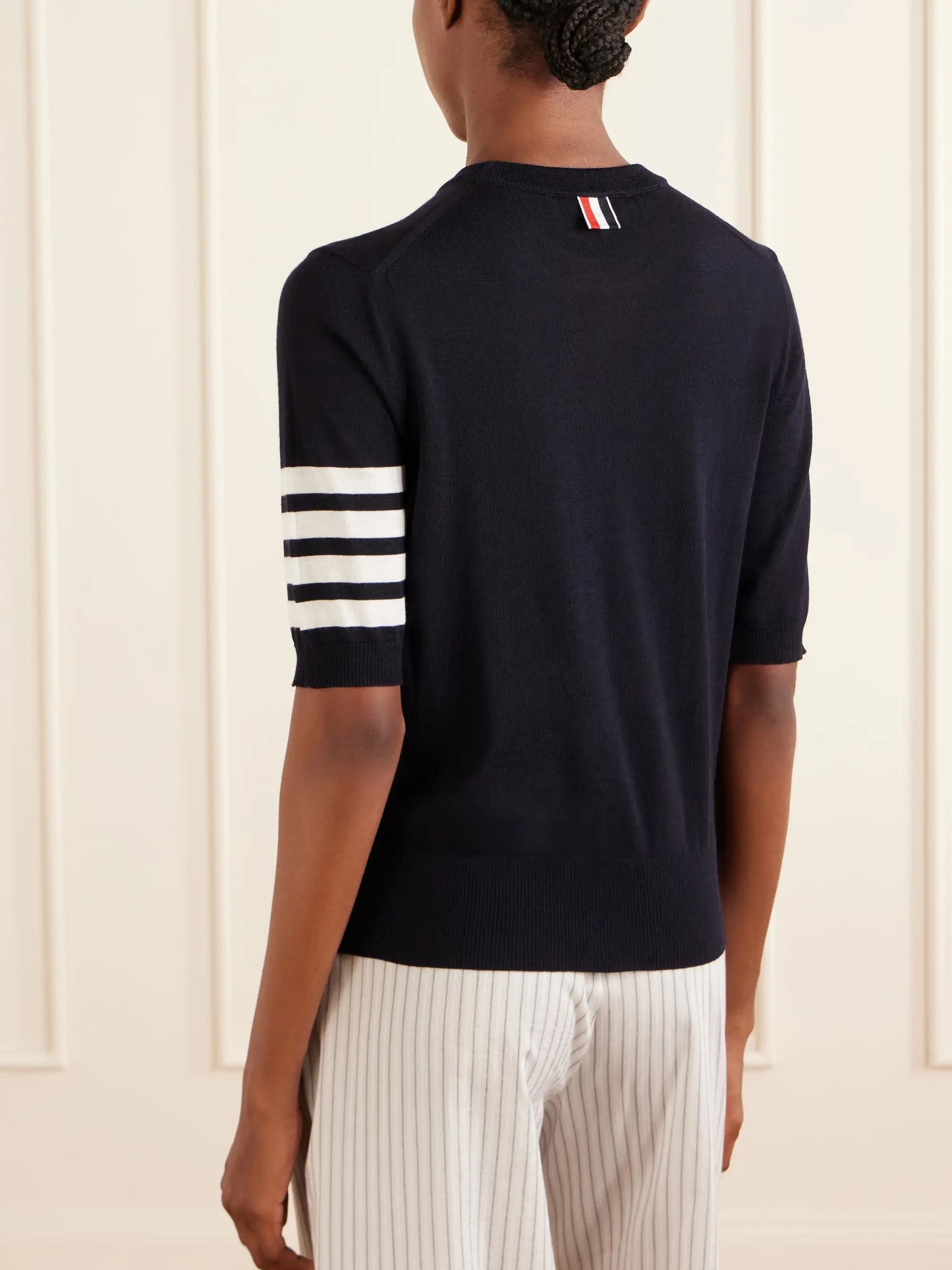Grosgrain-trimmed Striped Wool-blend Sweater