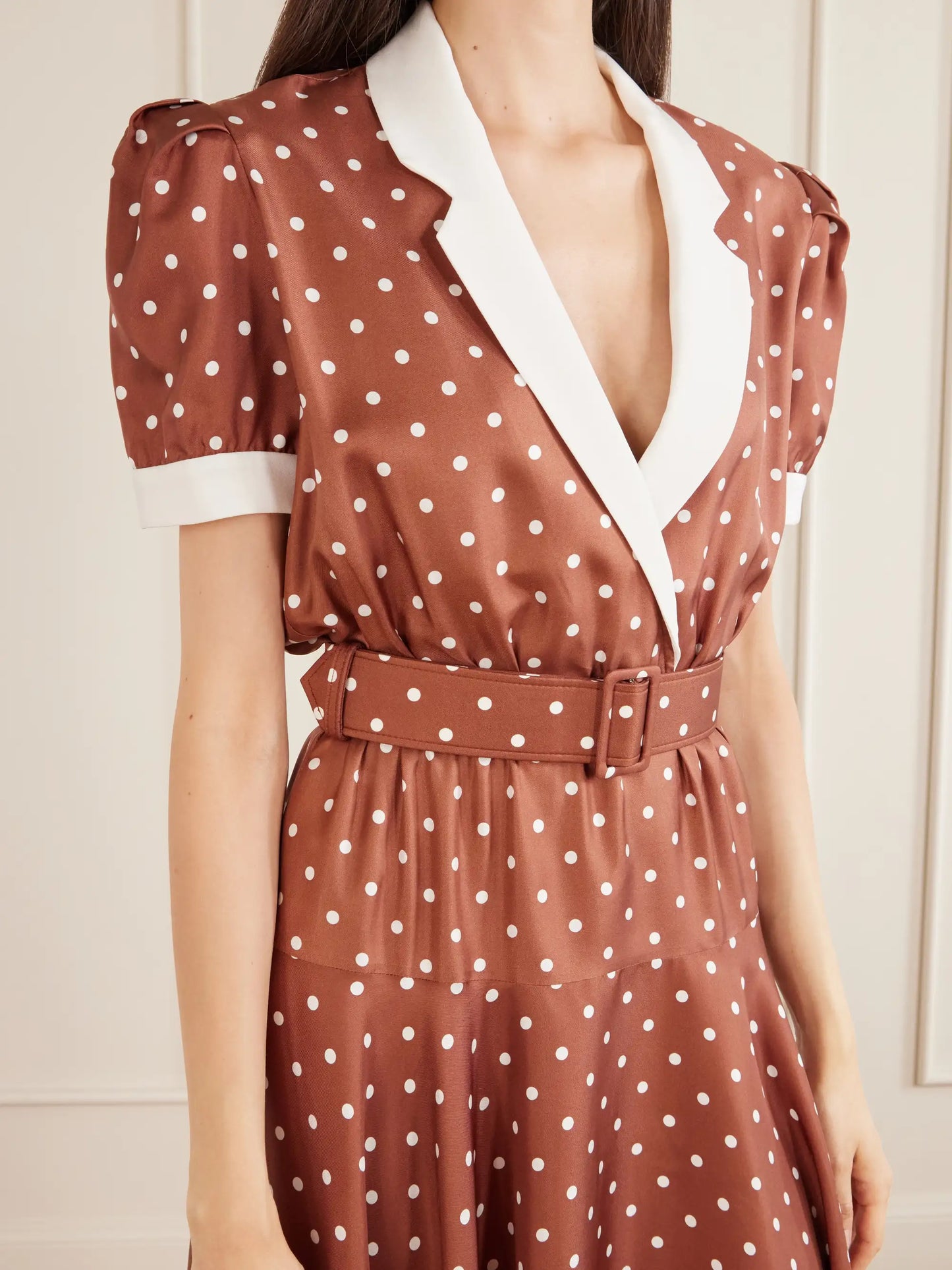 Belted Pleated Polka-dot Crepe-trimmed Silk-twill Midi Dress