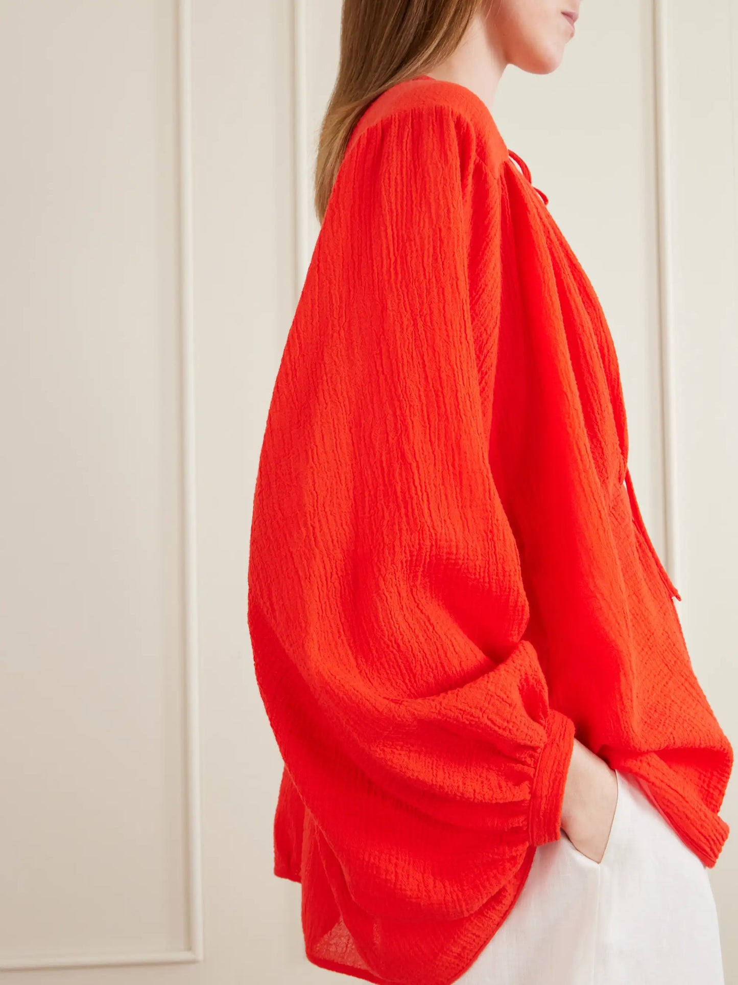Hazy Nipple Gathered Cotton Shirt