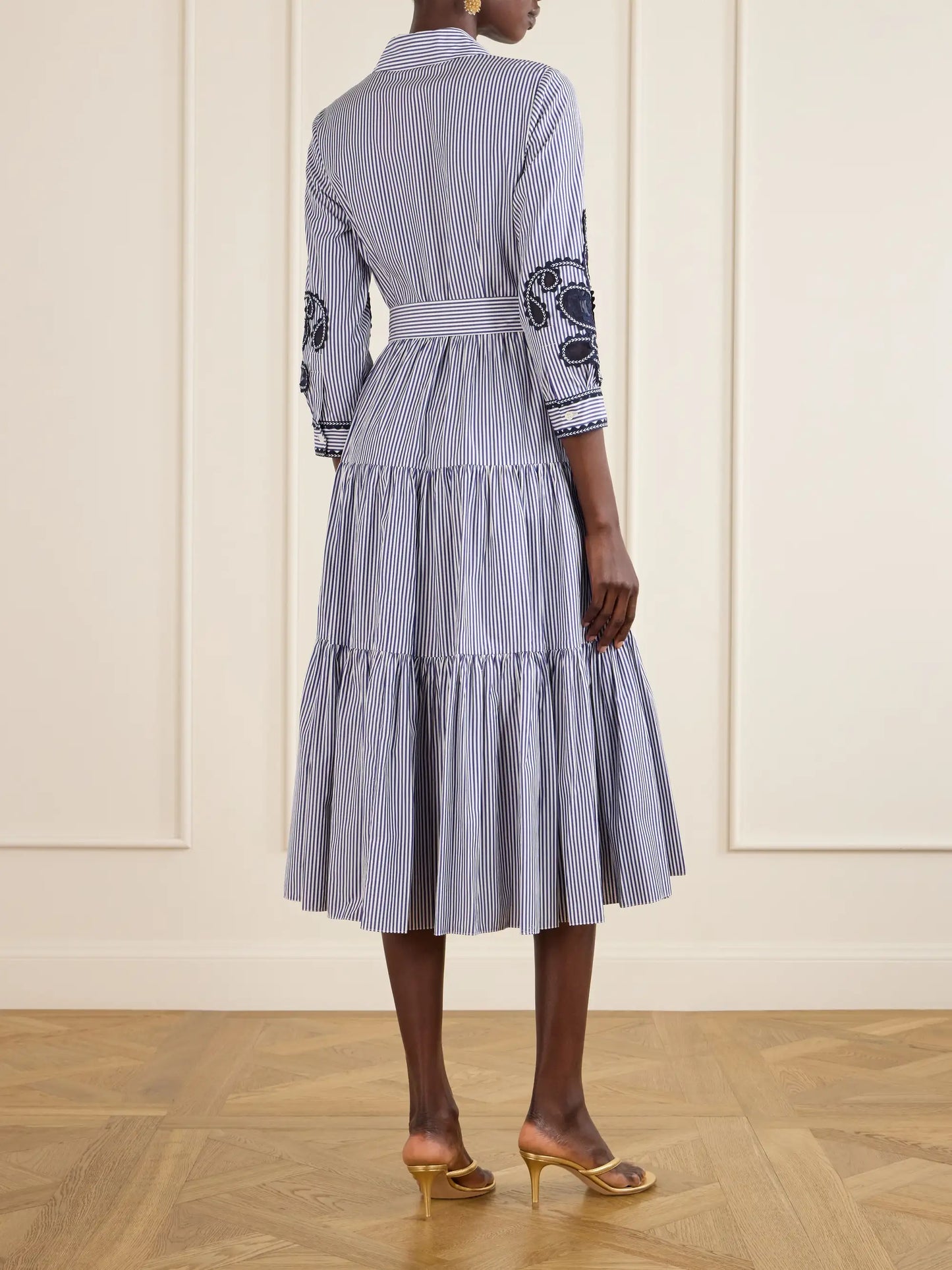 Belted Tiered Embroidered Striped Cotton-poplin Midi Dress