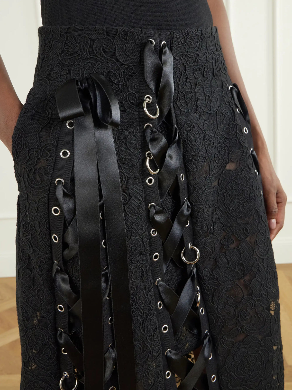 Simone Rocha Unraveling Ribbon Ring Asymmetric Embellished Lace And Satin Midi Skirt