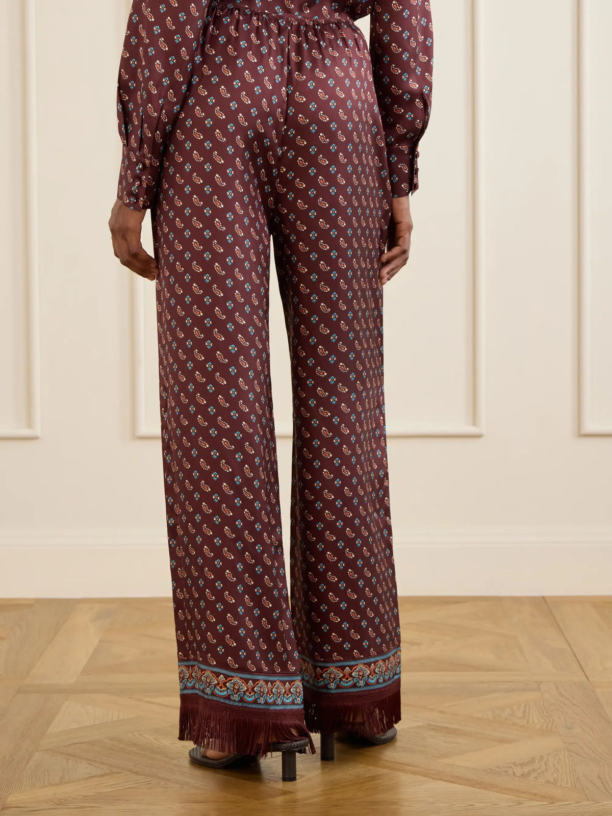 DÔEN Lavon Fringed Printed Silk-blend Satin Wide-leg Pants
