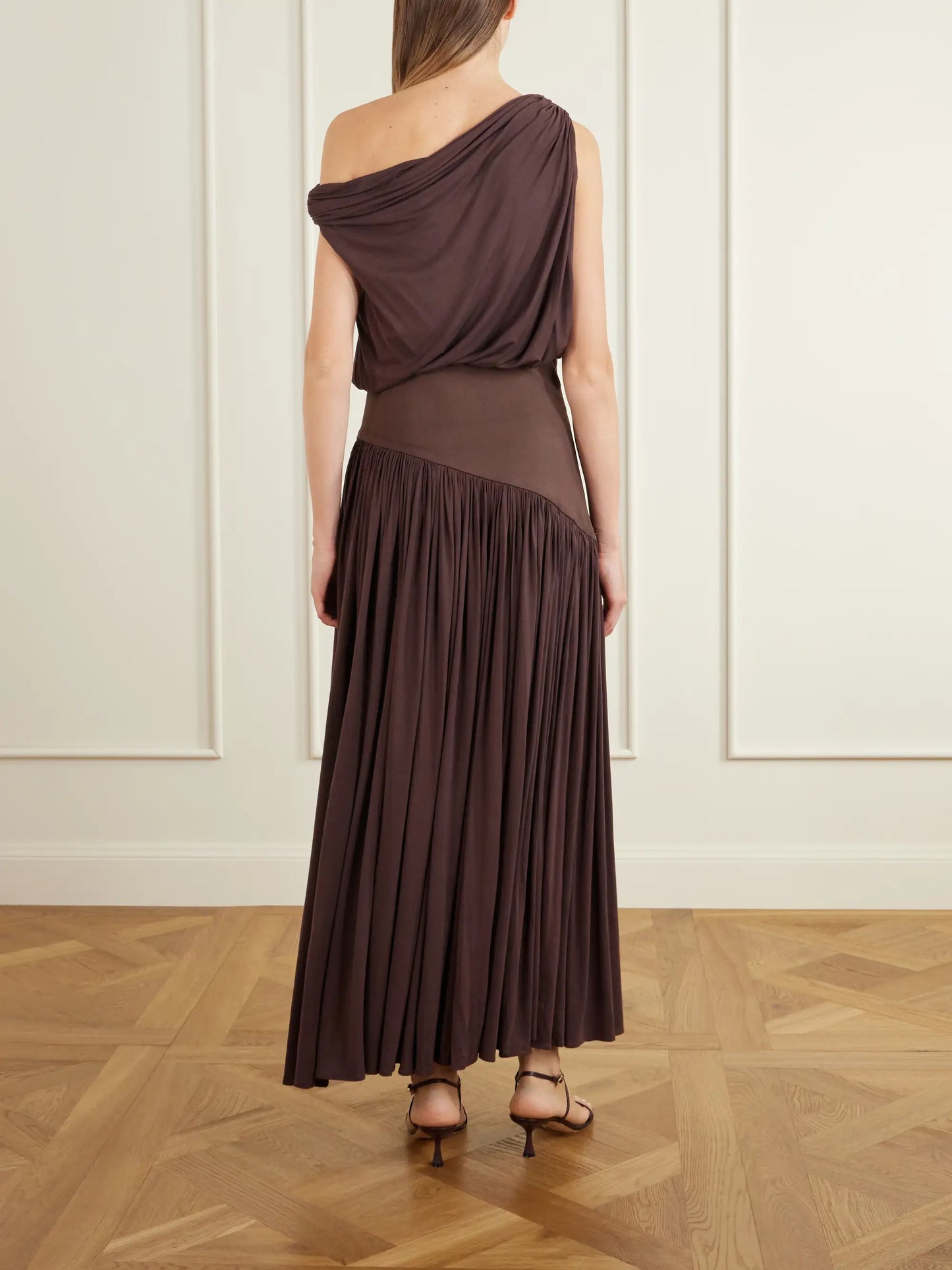 Gwen One-shoulder Asymmetric Draped Jersey-trimmed Stretch-bamboo Maxi Dress