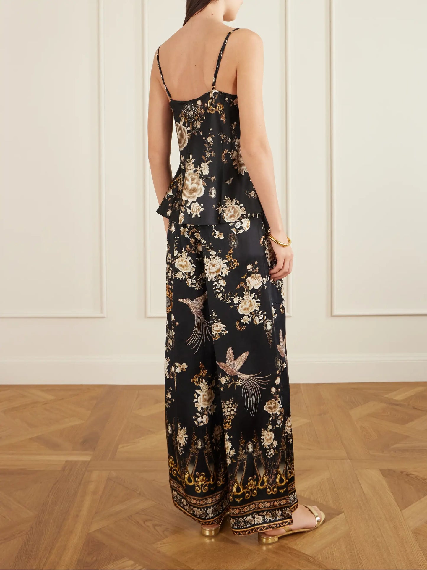Asymmetric Draped Embellished Embroidered Printed Silk-satin Top