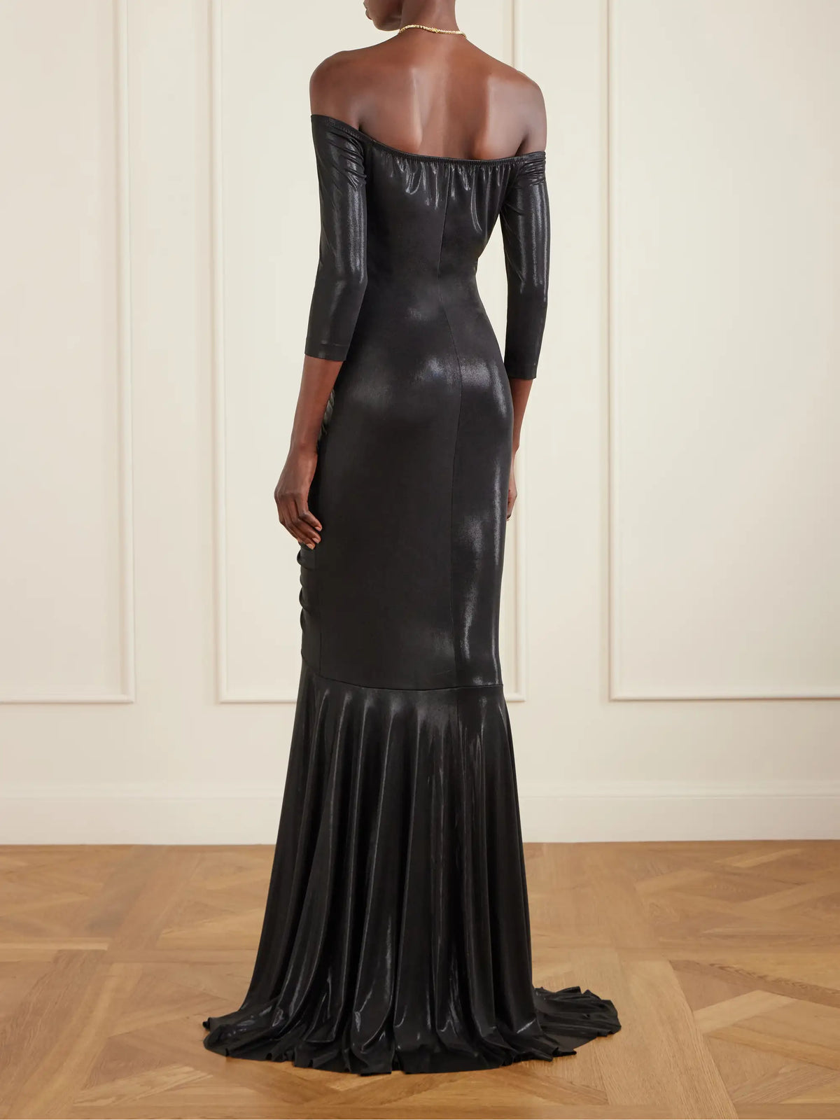 Off-shoulder Ruched Stretch-lamé Gown